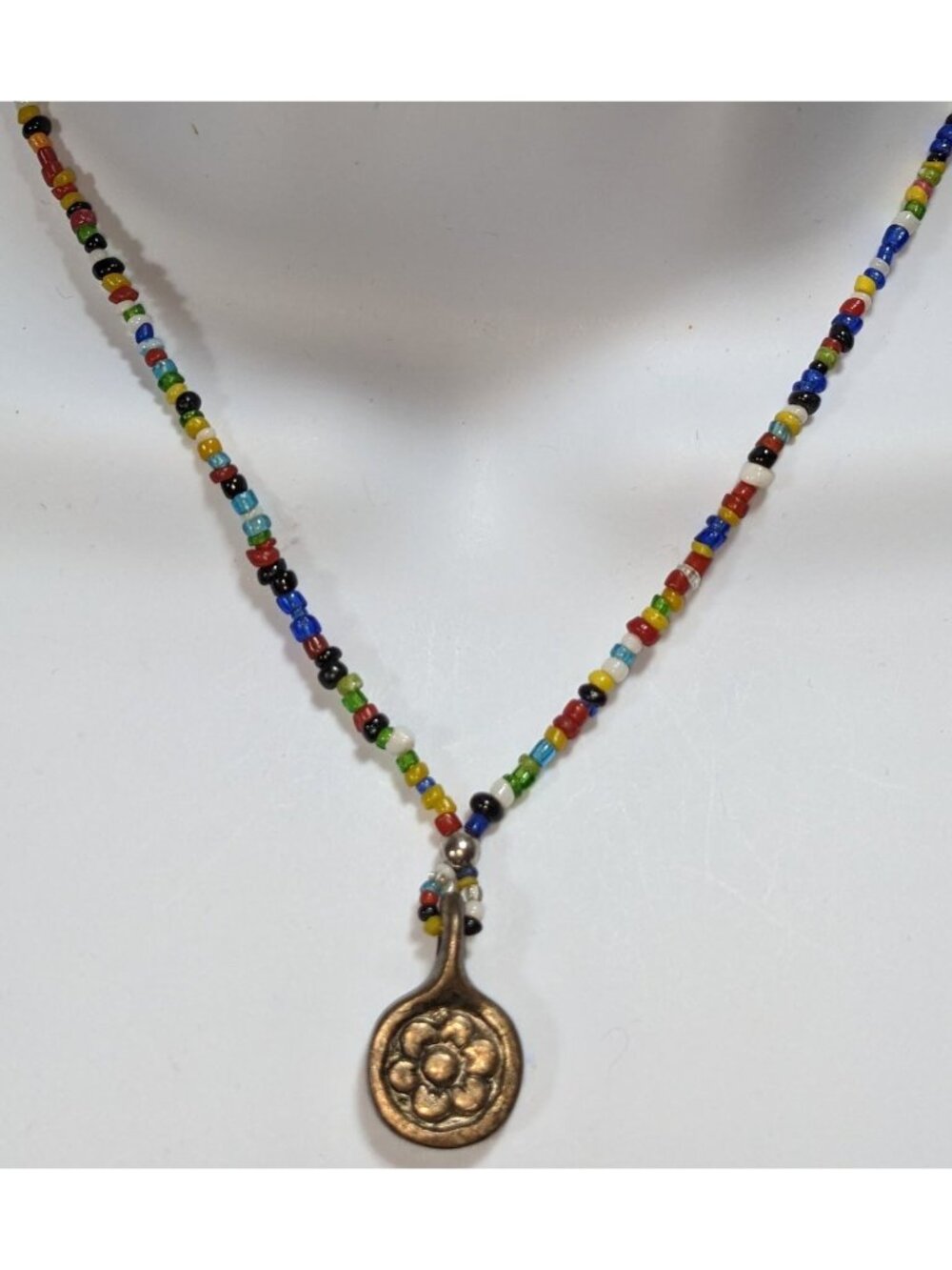 Handmade Boho Rainbow Seed Bead Necklace Bronze Floral Pendant Folk Art